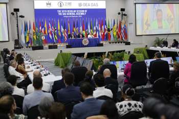 Fotografía general de la sesión de apertura de la 55ª Asamblea General de la OEA en Saint John’s (Antigua y Barbuda). EFE/ Bienvenido Velasco